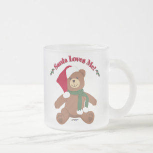 Santa Loves Me! Christmas Teddy Bear Frosted Glass Coffee Mug