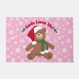Santa Loves Me! Christmas Teddy Bear Snowflakes Doormat