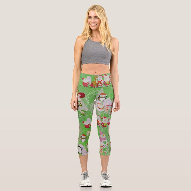 Santa Magical Green New Year Capri Leggings (Front)