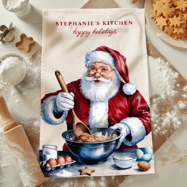 Santa Making Cookies Personalised Christmas Tea Towel (Creator Uploaded)