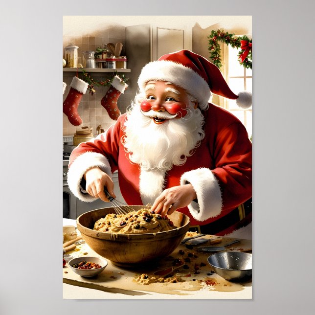Santa Making Fruitcake Christmas kitchen wall art (Front)