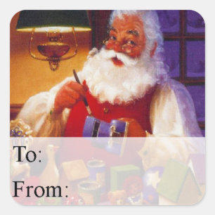 Santa Making Toys Vintage Christmas Gift Tag