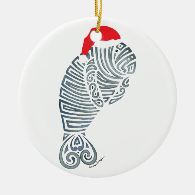 Santa Manatee Ceramic Tree Decoration (Front)