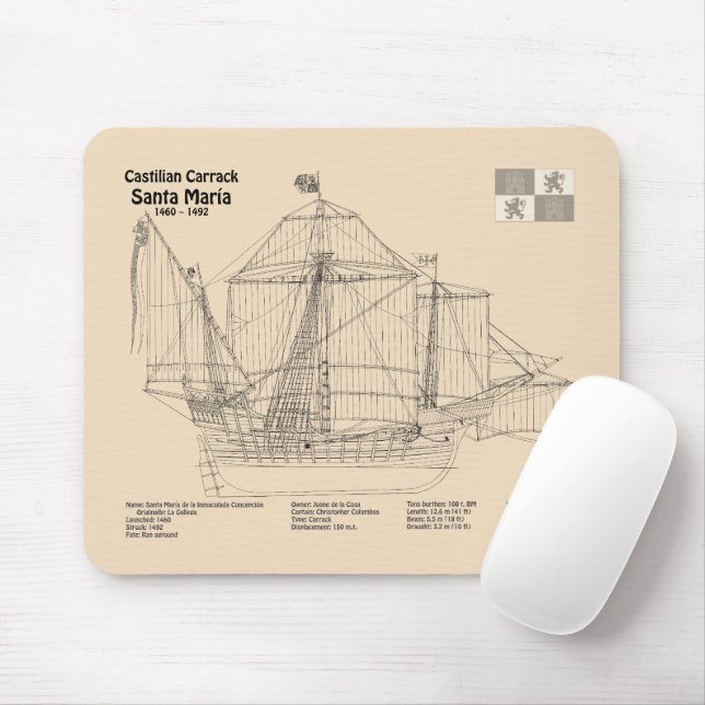 Santa Maria - Ship Blueprint Plans SD Mouse Mat (With Mouse)