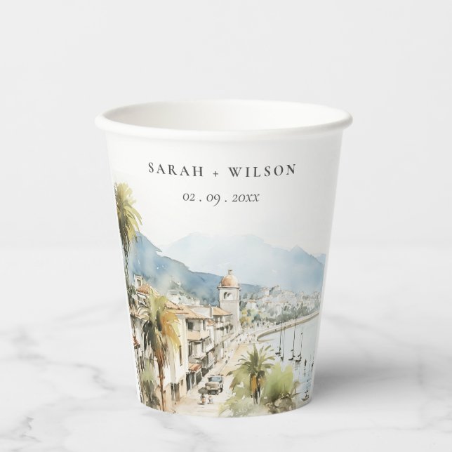 Santa Marta Colombia Watercolor Landscape Wedding Paper Cups (Front)