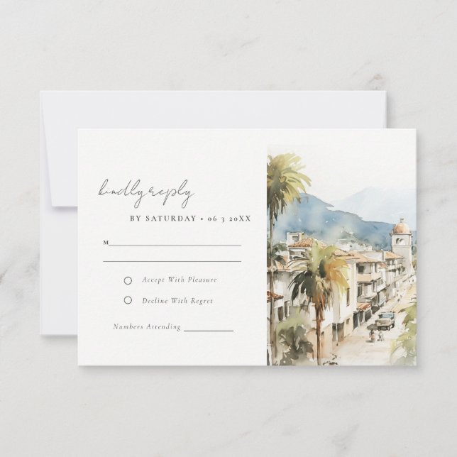 Santa Marta Colombia Watercolor Landscape Wedding RSVP Card (Front)