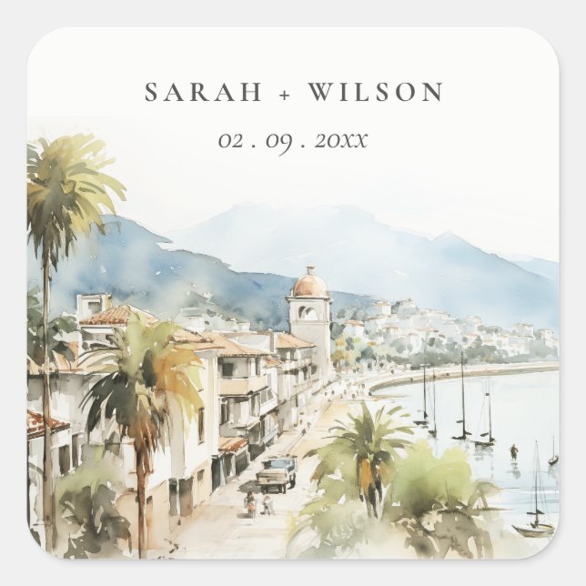 Santa Marta Colombia Watercolor Landscape Wedding Square Sticker (Front)