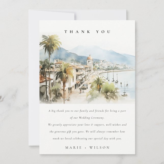 Santa Marta Colombia Watercolor Landscape Wedding Thank You Card (Front)