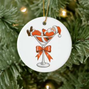 Santa Martini Coquette Girly Christmas Bow Festive Ceramic Tree Decoration