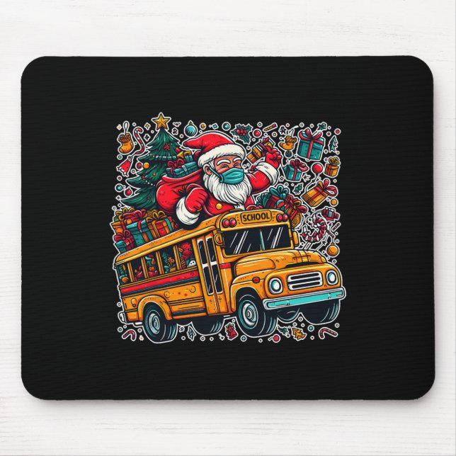 Santa Mask Riding School Bus Driver Funny Christma Mouse Mat (Front)