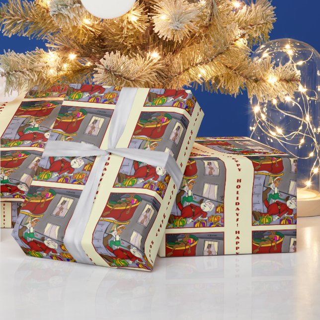 Santa Meeting Mrs. Santa Yellow Wrapping Paper (Holidays)