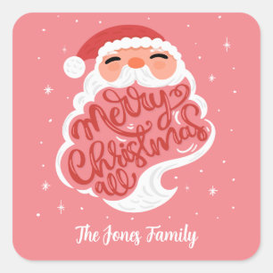 Santa, Merry Christmas All, Family Name Pink Square Sticker