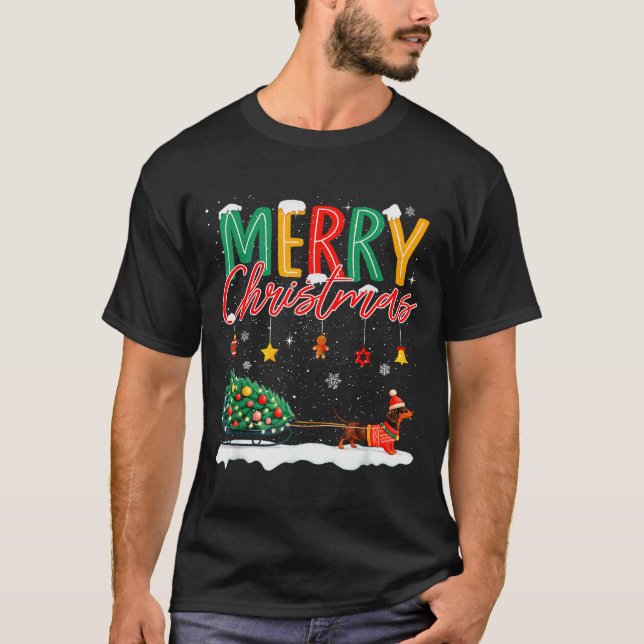 Santa Merry Christmas Dachshund Sleigh Dog Lover X T-Shirt (Front)