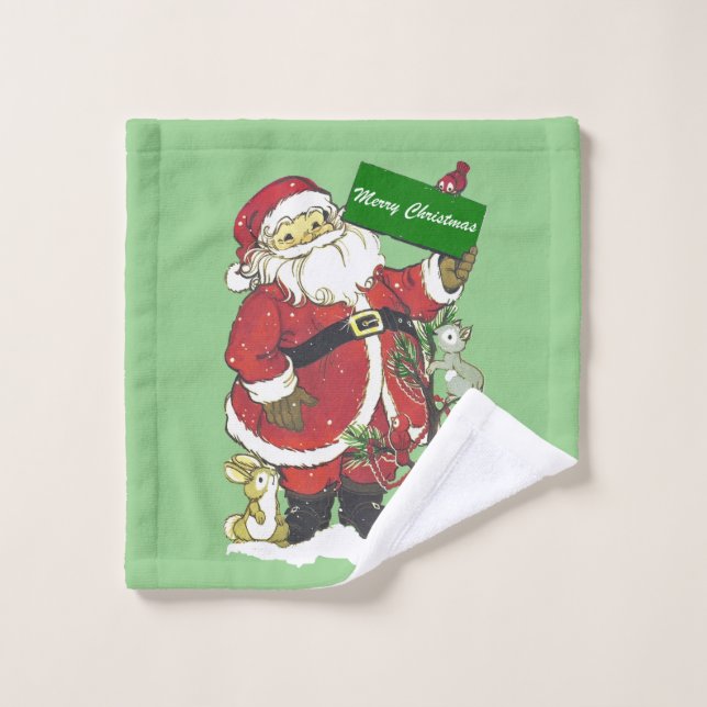 Santa Merry Christmas Sign Little Animals Green Wash Cloth (Wash Cloth)