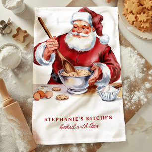 Santa Mixing Cookies Personalised Christmas Tea Towel
