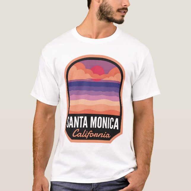 Santa Monica Beach CA Retro Sunset T-Shirt (Front)