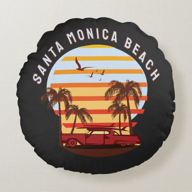Santa Monica Beach Retro Sunset Vintage  Round Cushion (Front)
