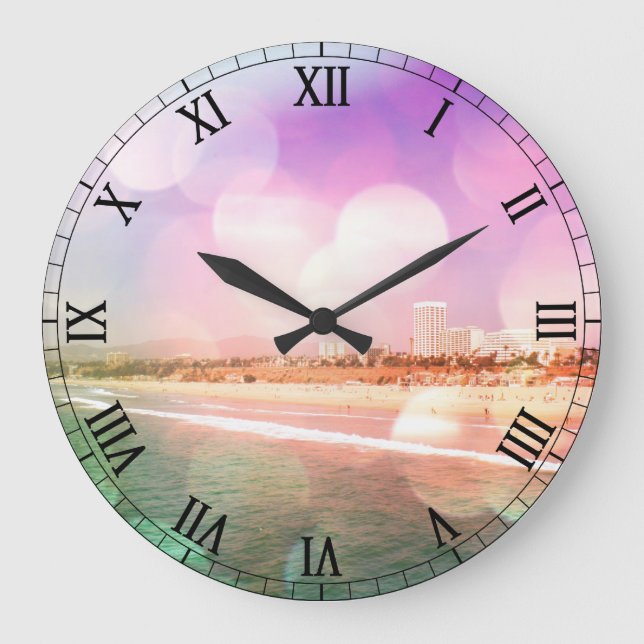 Santa Monica Beach - Sparkling Pink Photo Edit Large Clock (Front)