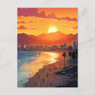 Santa Monica Beach Sunset with Palm Trees Holiday Postcard