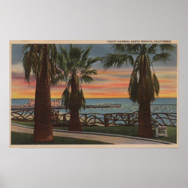 Santa Monica, CA - Yacht Harbour and Sunset View Poster (Front)