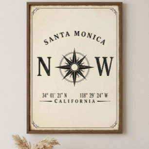 Santa Monica California Coordinates Vintage Design Poster