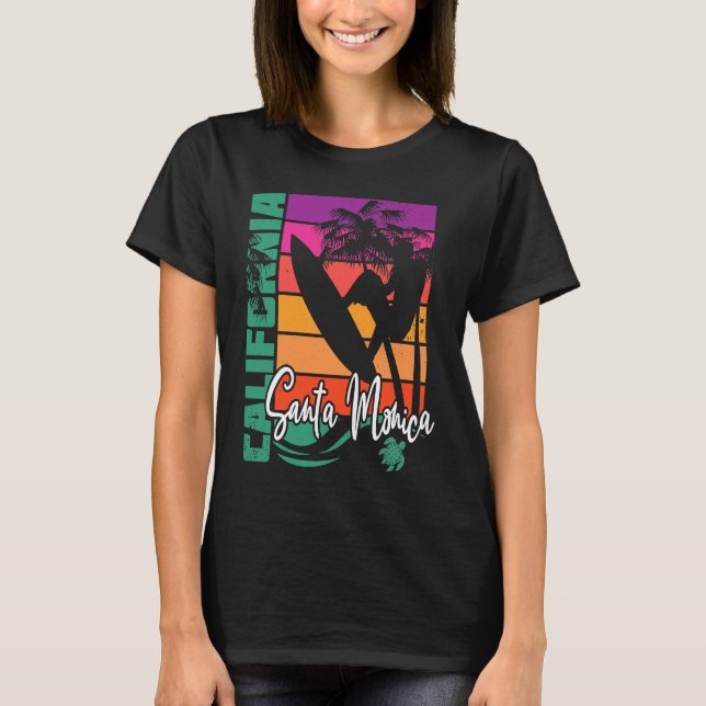 Santa Monica California Retro Sunset Surfer Surfin T-Shirt (Front)