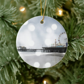 Santa Monica Pier - Grey Sparkles Photo Edit Ceramic Tree Decoration