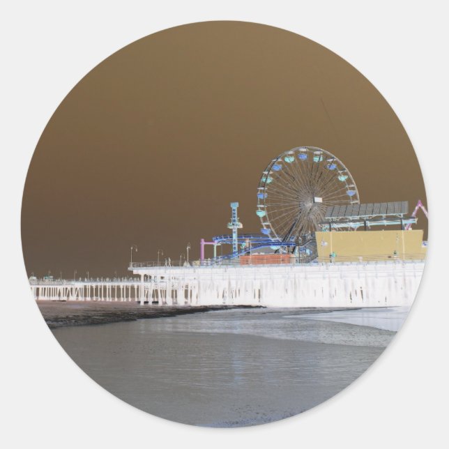 Santa Monica Pier inverted Grey Brown Photo Edit Classic Round Sticker (Front)