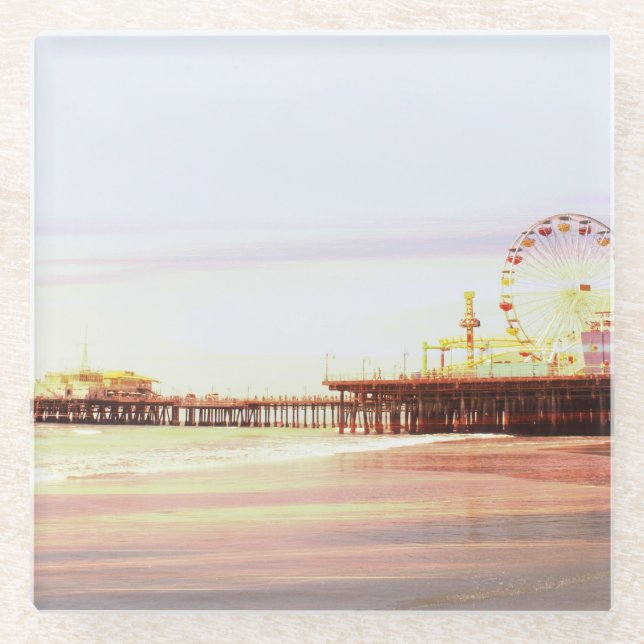 Santa Monica Pier Sunrise Glass Coaster (Front)