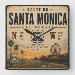 Santa Monica Route 66 Coordinates Timepiece Square Wall Clock