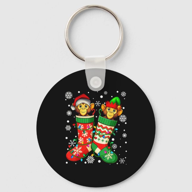 Santa Monkey Animal In Christmas Socks Men Women  Key Ring (Front)