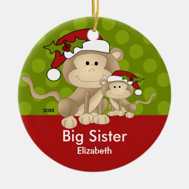 Santa Monkey Big Sister Christmas Ornament (Front)