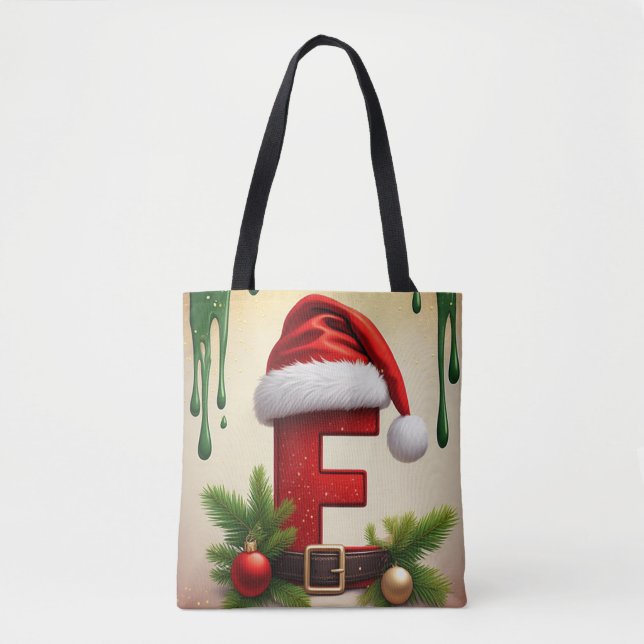Santa Monogram letter F With Christmas Accent 🎅 Tote Bag (Front)
