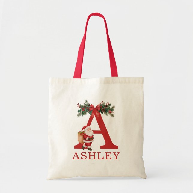 Santa Monogrammed and Name Family Matching Tote Bag (Front)