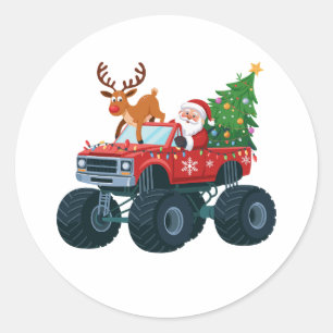Santa Monster Truck Reindeer Christmas Tree Xmas Classic Round Sticker