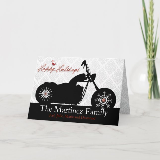 Santa Motorcycle and Snowflakes Holiday Card (Front)