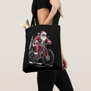 Santa Mountain Bike Riding Christmas Trees Xmas Tote Bag