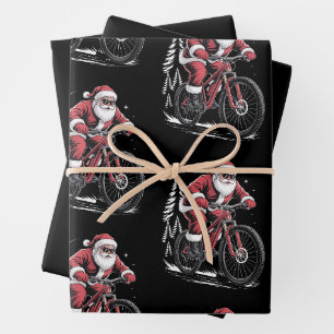 Santa Mountain Bike Riding Christmas Trees Xmas Wrapping Paper Sheet