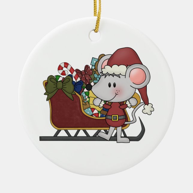 Santa Mouse With Sled Ceramic Tree Decoration (Front)