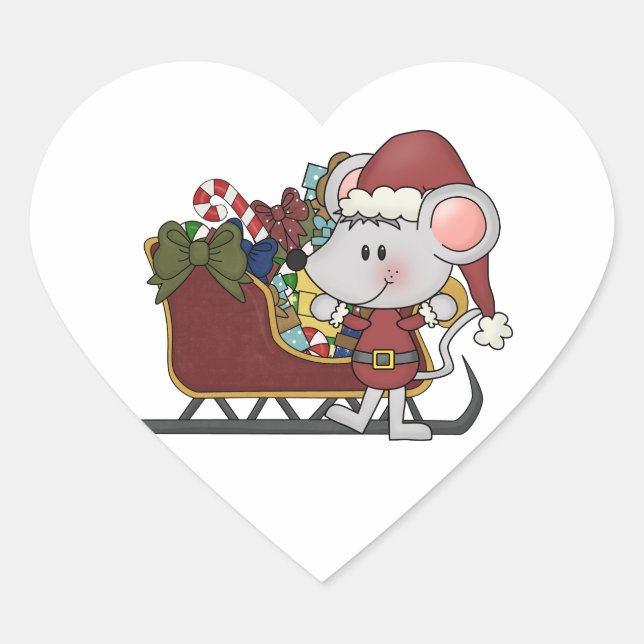 Santa Mouse With Sled Heart Sticker (Front)