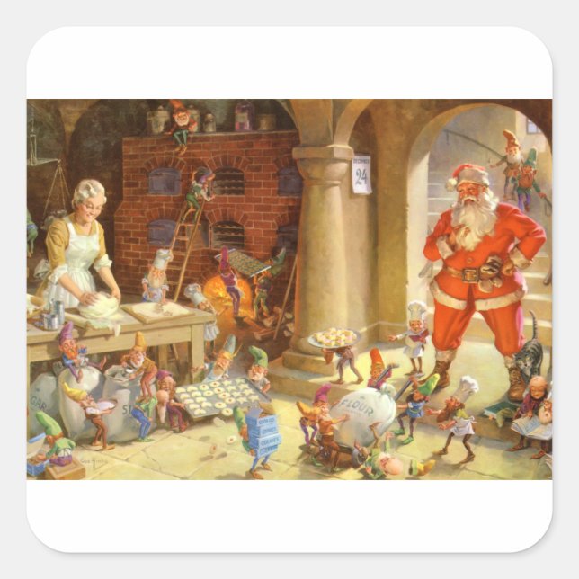 Santa, Mrs. Claus & Elves Bake Christmas Cookies Square Sticker (Front)