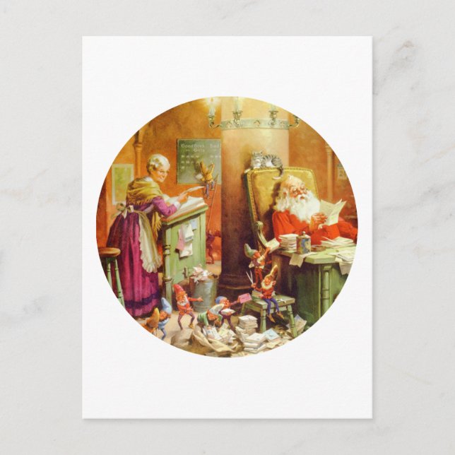 Santa & Mrs. Claus making their list of children Holiday Postcard (Front)