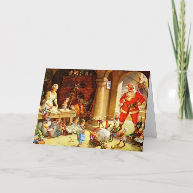 Santa & Mrs. Claus & the Elves Bake Cookies Holiday Card (Front)
