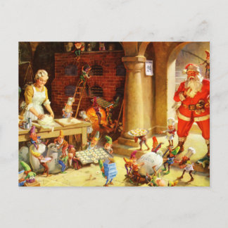 Santa & Mrs. Claus & the Elves Bake Cookies Holiday Postcard