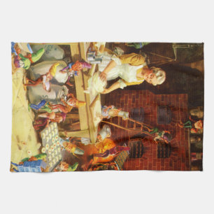 Santa & Mrs. Claus & the Elves Bake Cookies Tea Towel