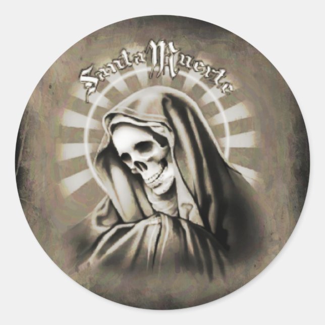 Santa Muerte BLACK AND GREY Classic Round Sticker (Front)