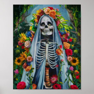 Santa Muerte with Colourful Flowers Poster