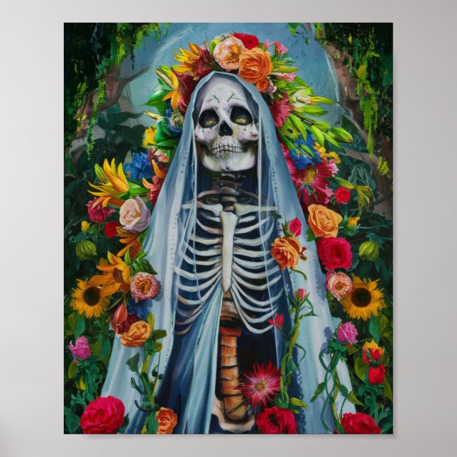 Santa Muerte with Colourful Flowers Poster (Front)