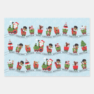 Santa & Multicultural Boy on Train Wrapping Paper Sheet