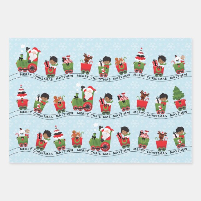 Santa & Multicultural Boy on Train Wrapping Paper Sheet (Front 3)